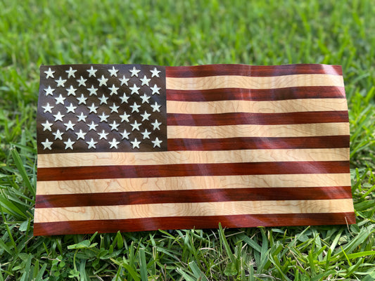 Wooden Wavy Flag made from Walnut, Paduka, and Curly Maple