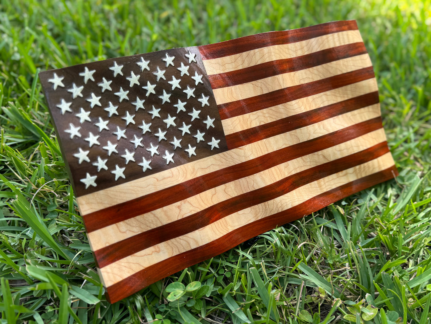 Wooden Wavy Flag made from Walnut, Paduka, and Curly Maple